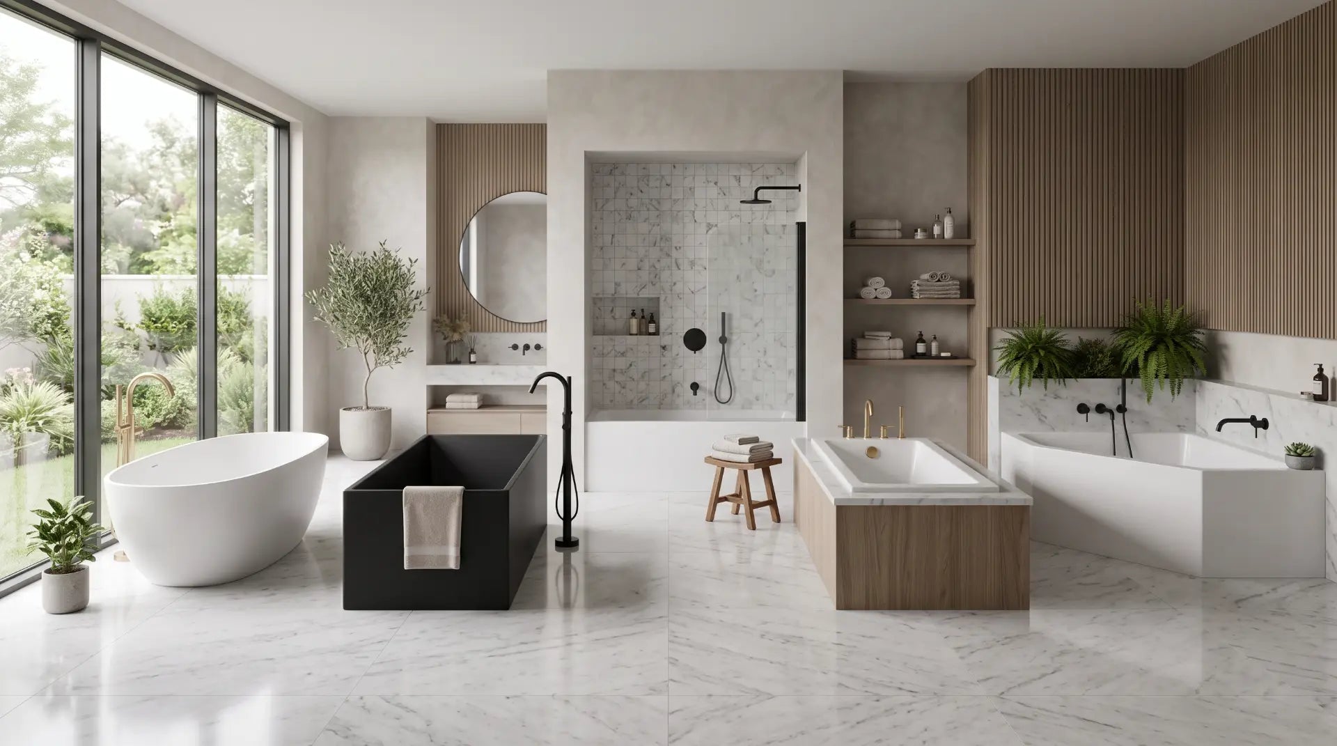 Luxury bathroom showroom featuring freestanding, alcove, drop-in, and corner bathtubs to illustrate a complete bathtub buying guide for modern homeowners.