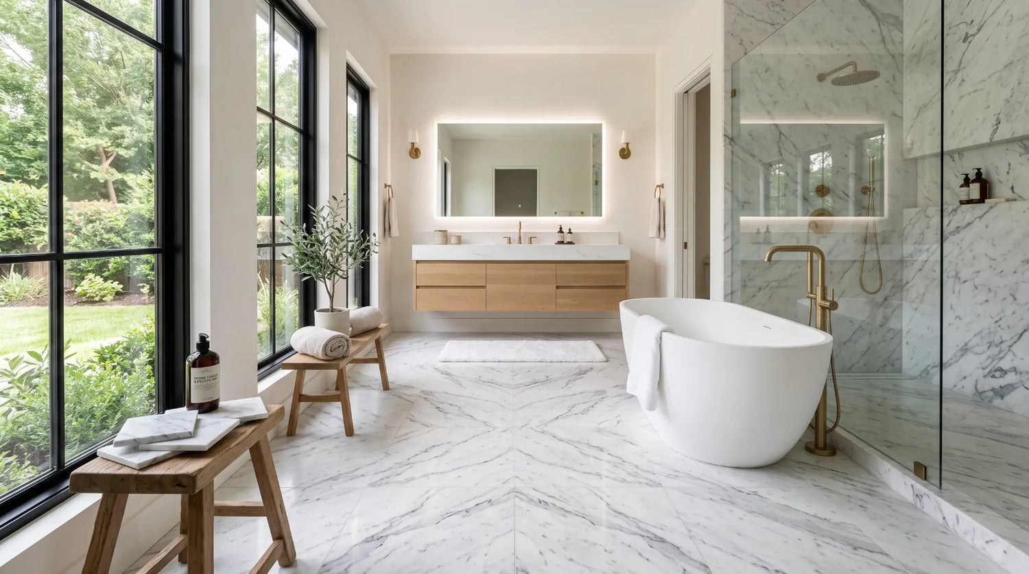 Luxury bathroom with elegant Carrara marble flooring, freestanding bathtub, floating vanity, and premium natural stone finishes showcasing marble bathroom floor design.