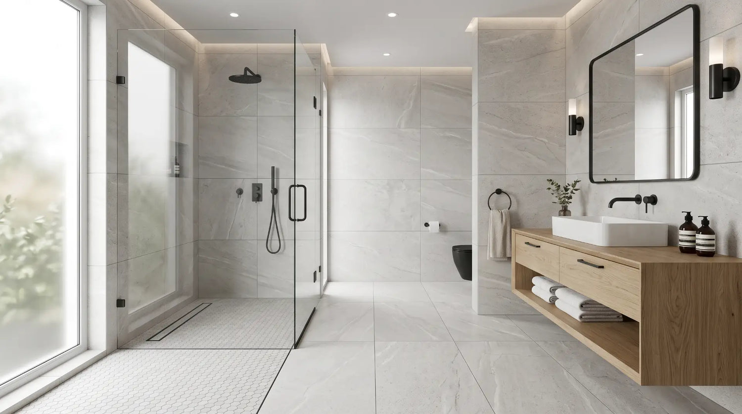Luxury bathroom with matching porcelain tile on the bathroom floor and shower walls, mosaic shower floor, frameless glass enclosure, and a modern linear drain for a seamless design.
