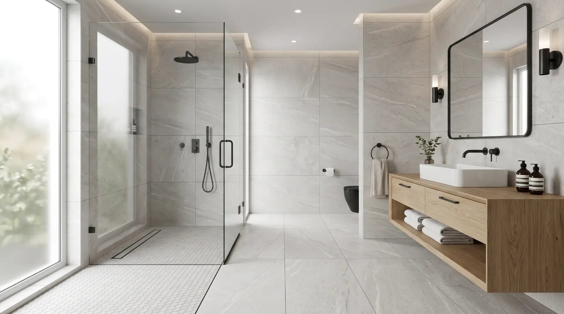 Luxury bathroom with matching porcelain tile on the bathroom floor and shower walls, mosaic shower floor, frameless glass enclosure, and a modern linear drain for a seamless design.
