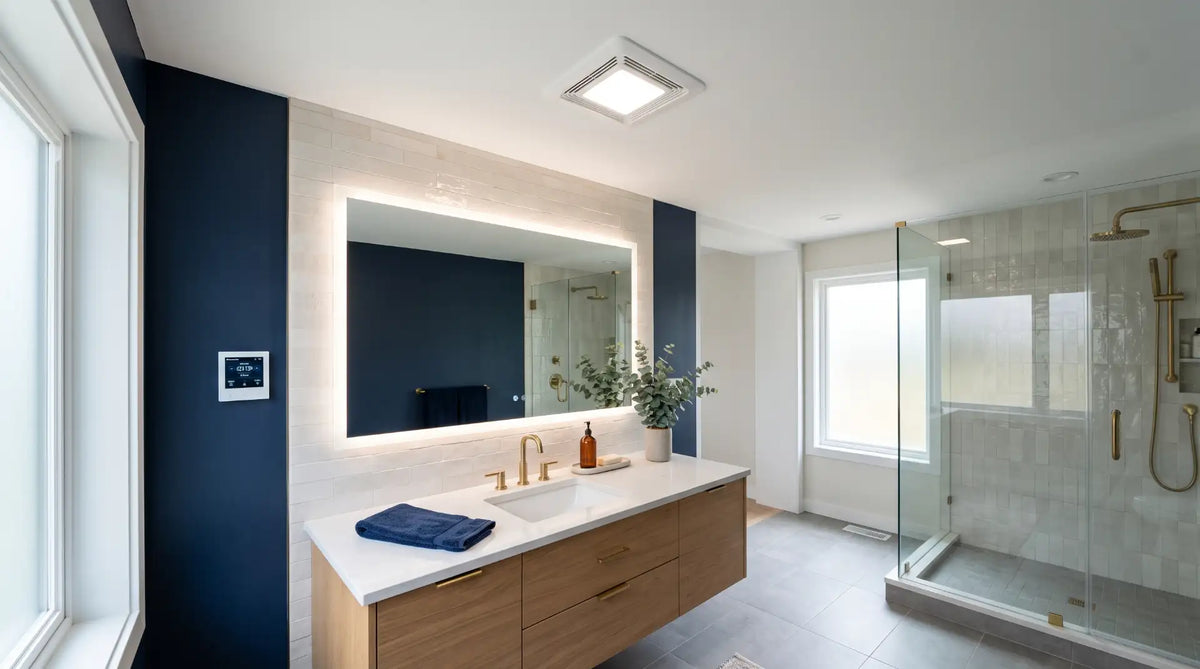 Modern primary bathroom featuring a low-profile white bathroom exhaust fan mounted on the ceiling near an illuminated anti-fog LED mirror.