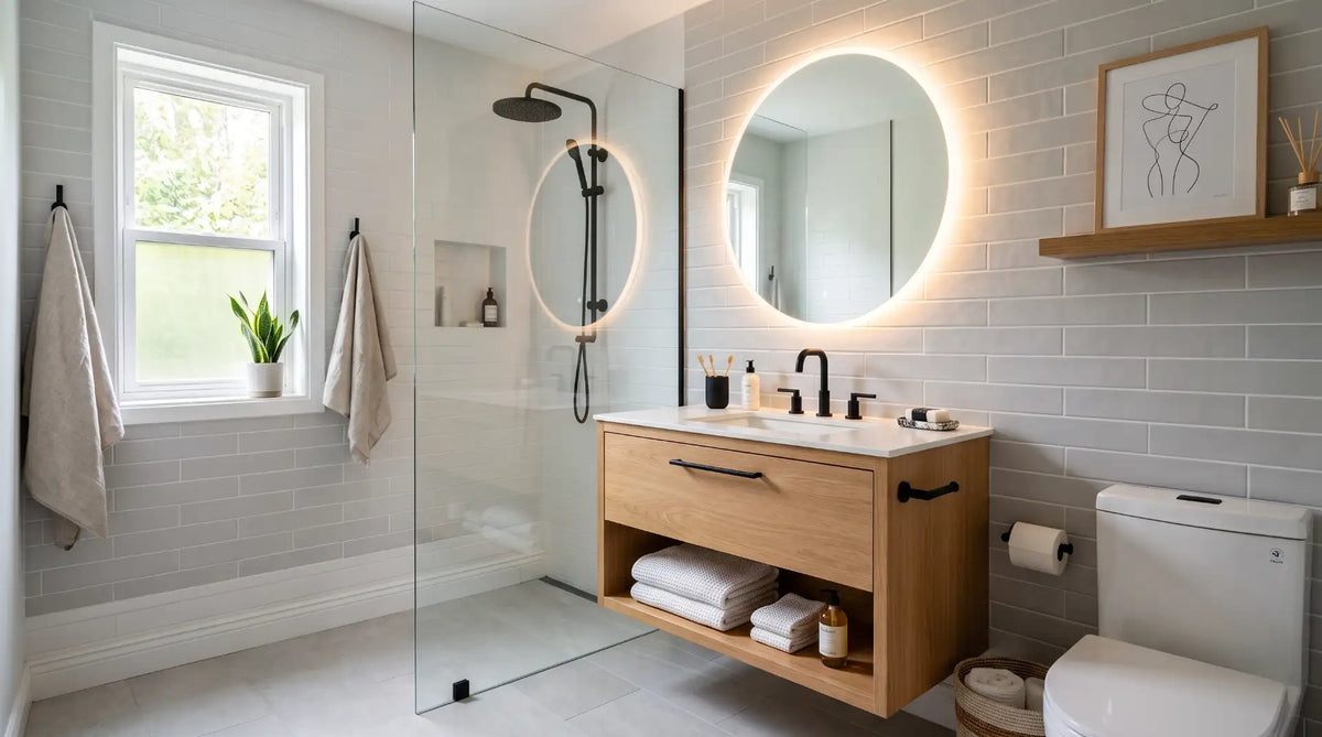 Modern compact bathroom featuring a floating wooden vanity, matte black faucet, and round backlit LED mirror.