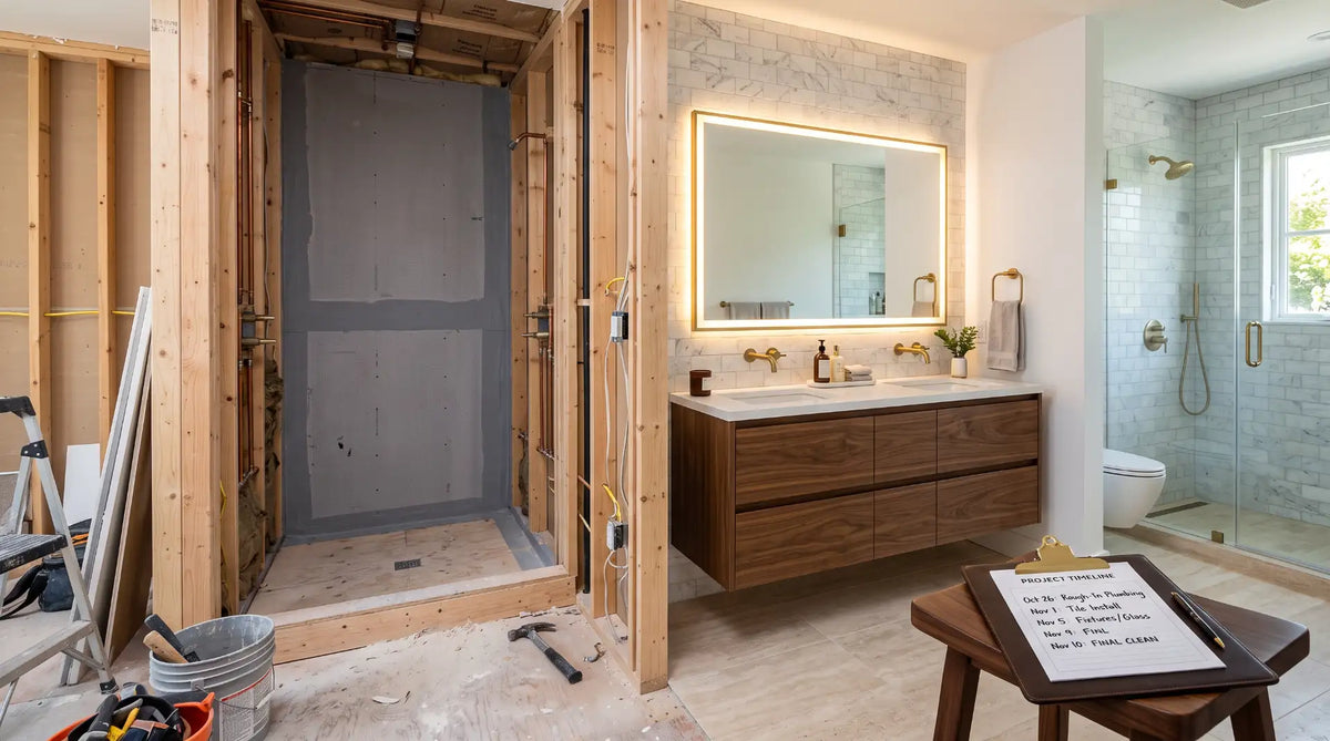 Split view of a modern bathroom showing mid-renovation plumbing and framing on one side and a fully finished vanity with LED mirror on the other.
