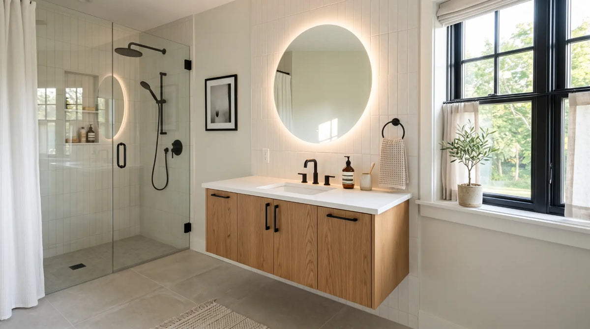 Modern bathroom renovation featuring a sleek floating vanity, matte black fixtures, and minimalist LED mirror.