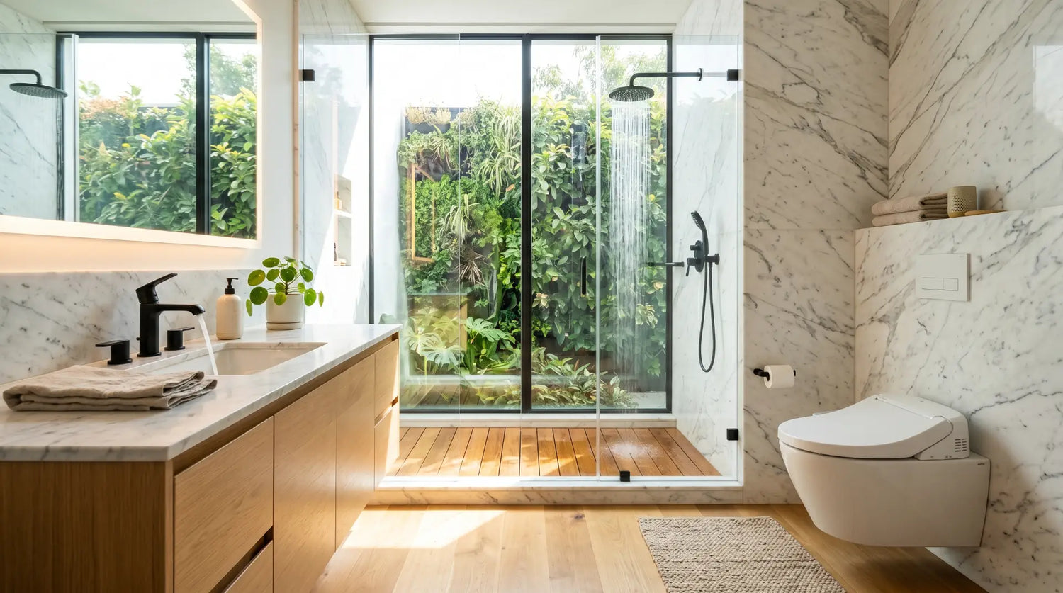 Modern eco-friendly luxury bathroom with a high-efficiency WaterSense toilet, sleek bidet seat, low-flow showerhead