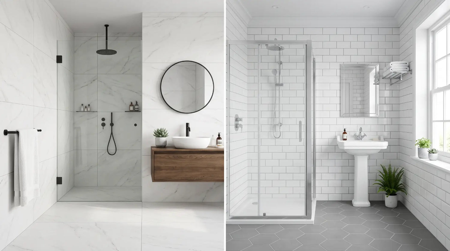 Side-by-side comparison of porcelain and ceramic bathroom tiles in modern luxury bathrooms, showing the differences in durability, water resistance, and design for bathroom floors and walls.