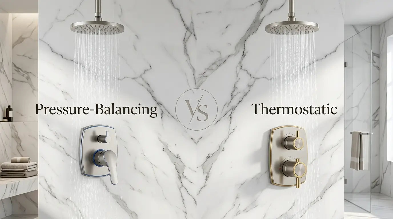 Pressure-balancing vs thermostatic shower valves comparison showing two modern shower control systems in a luxury bathroom.