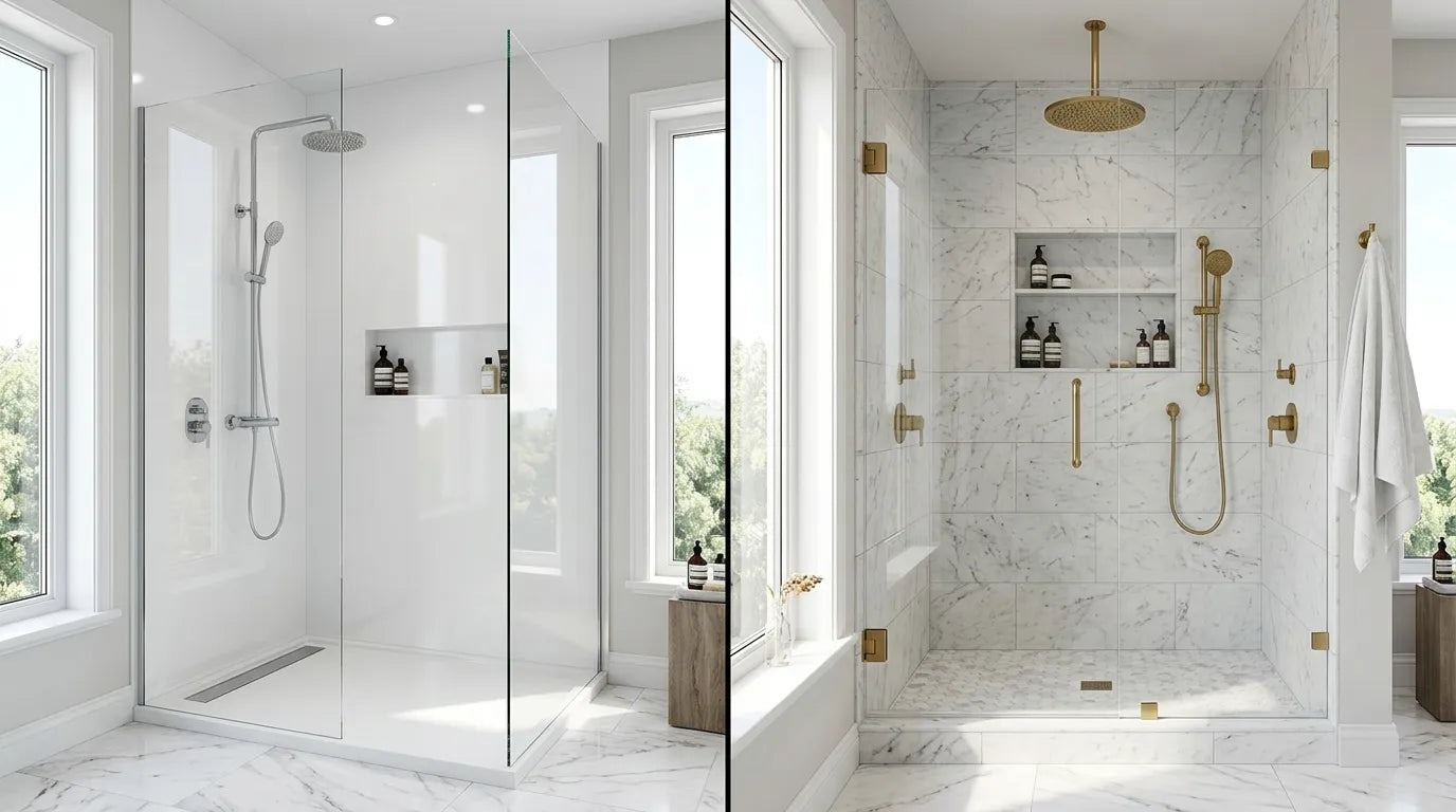 Side-by-side comparison of acrylic shower walls and porcelain tile shower walls in a modern luxury bathroom showing differences in design and maintenance.