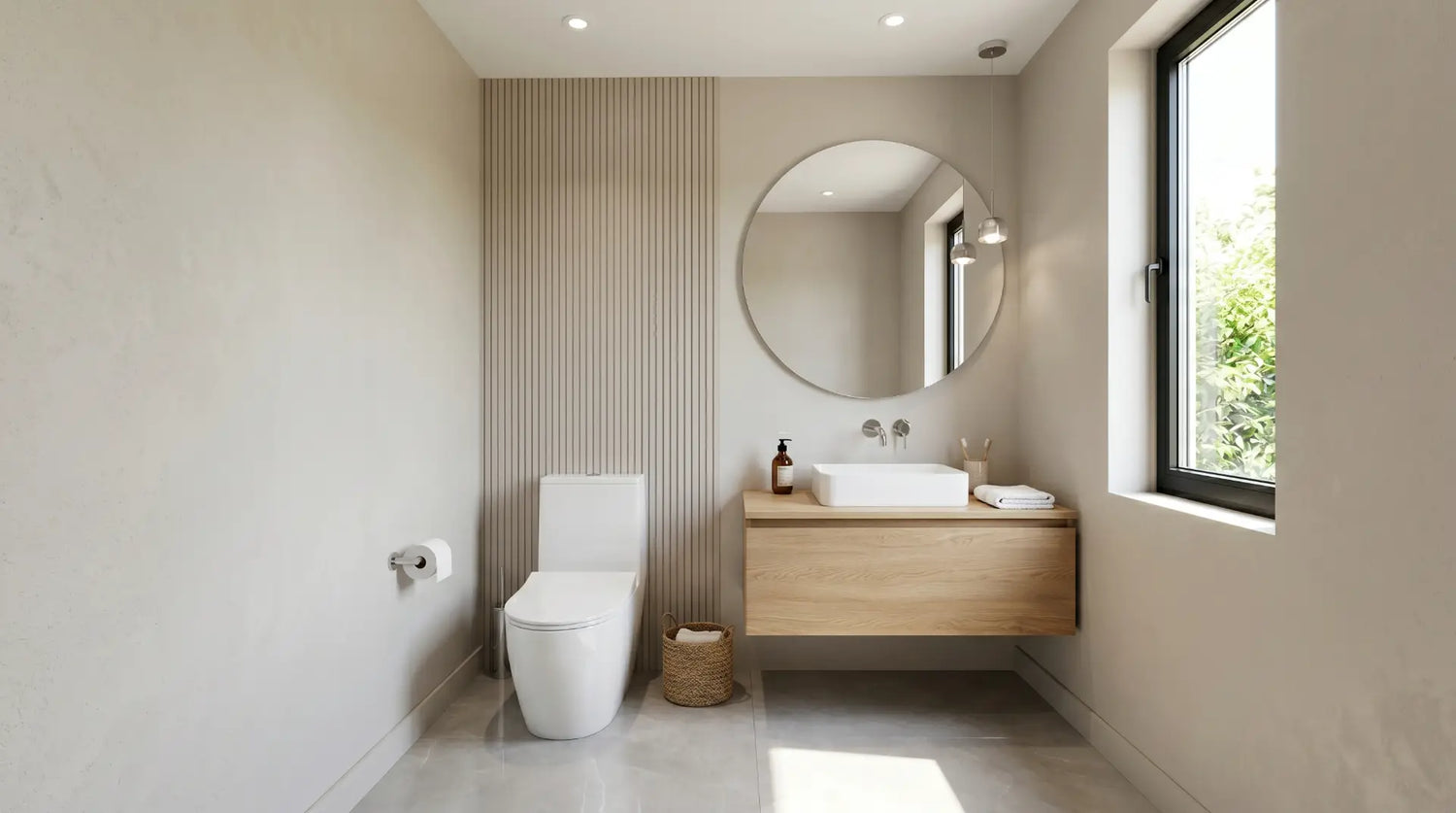 Compact modern toilet installed in a stylish small bathroom with space-saving design and contemporary fixtures
