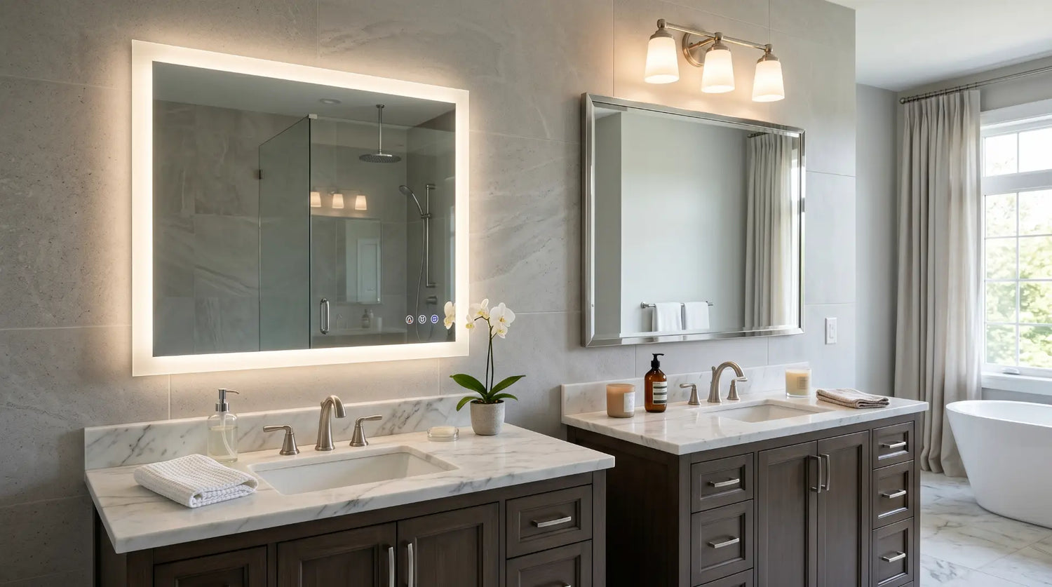 Modern LED bathroom mirror with integrated lighting compared beside a regular mirror with a separate vanity light fixture.