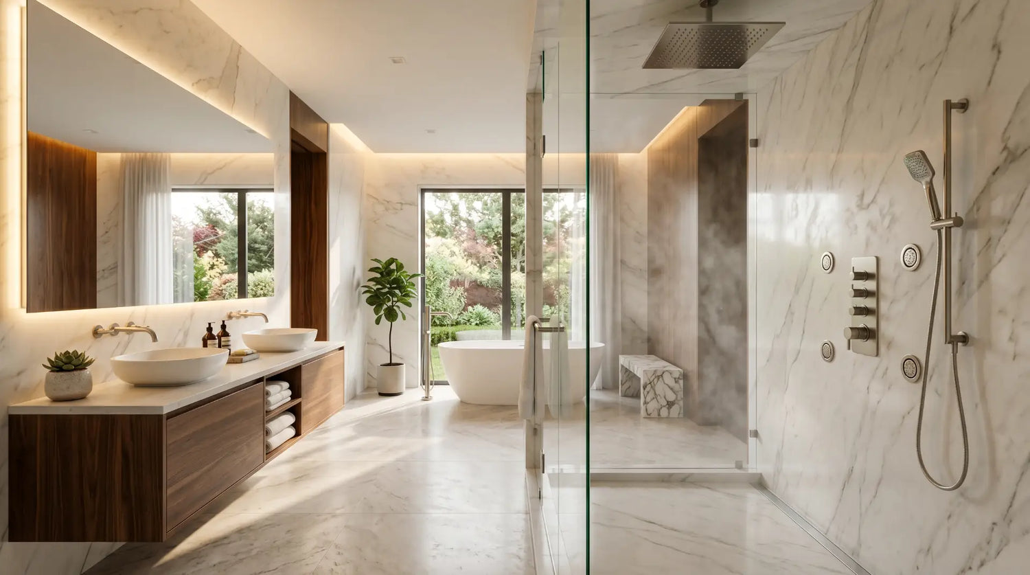 Modern luxury bathroom featuring a thermostatic shower system with rainfall shower head, handheld shower, body jets, and frameless glass enclosure.
