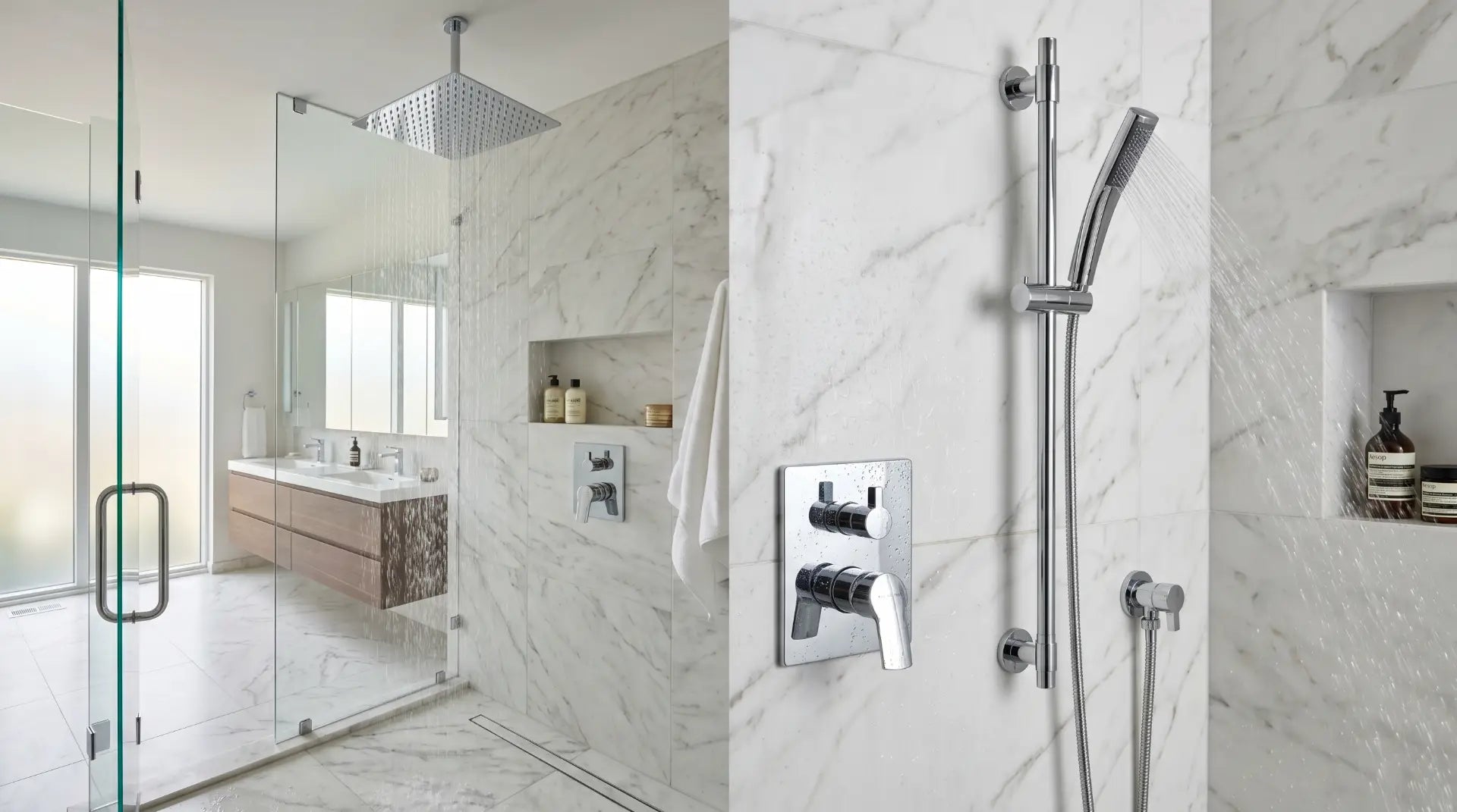 Large rain shower head and handheld shower head installed together inside a modern luxury bathroom.