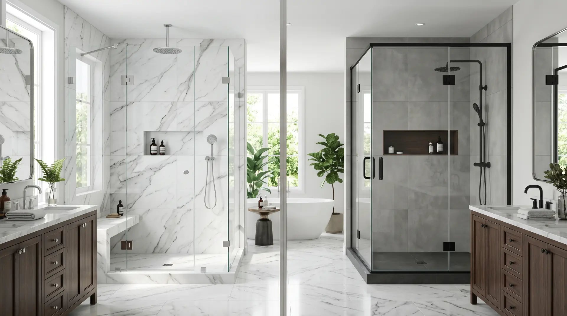 Side-by-side comparison of frameless and semi-frameless shower doors in a modern bathroom, showing differences in glass design and metal framing.