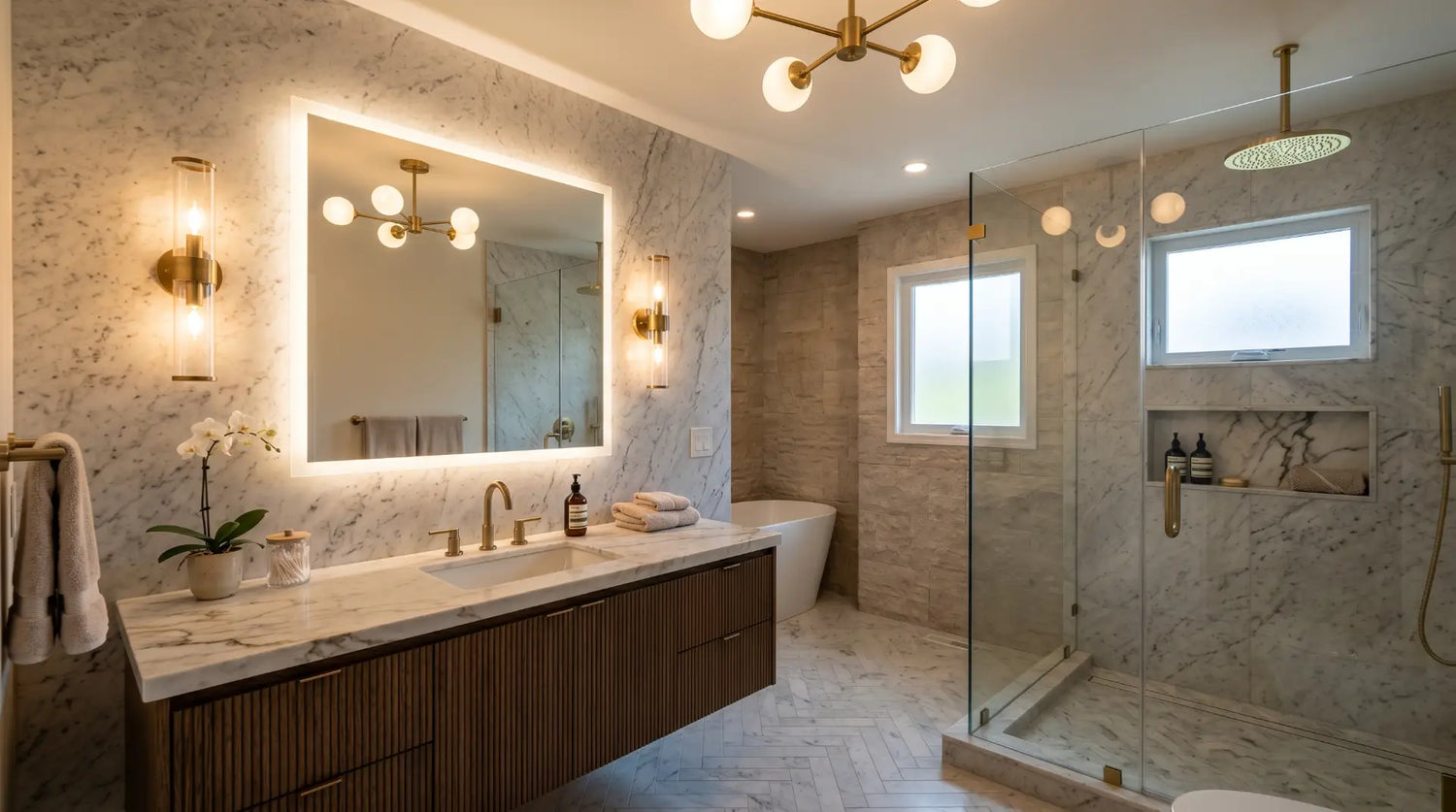 Modern bathroom featuring wall sconces, ceiling lighting, and an LED mirror with layered illumination design.