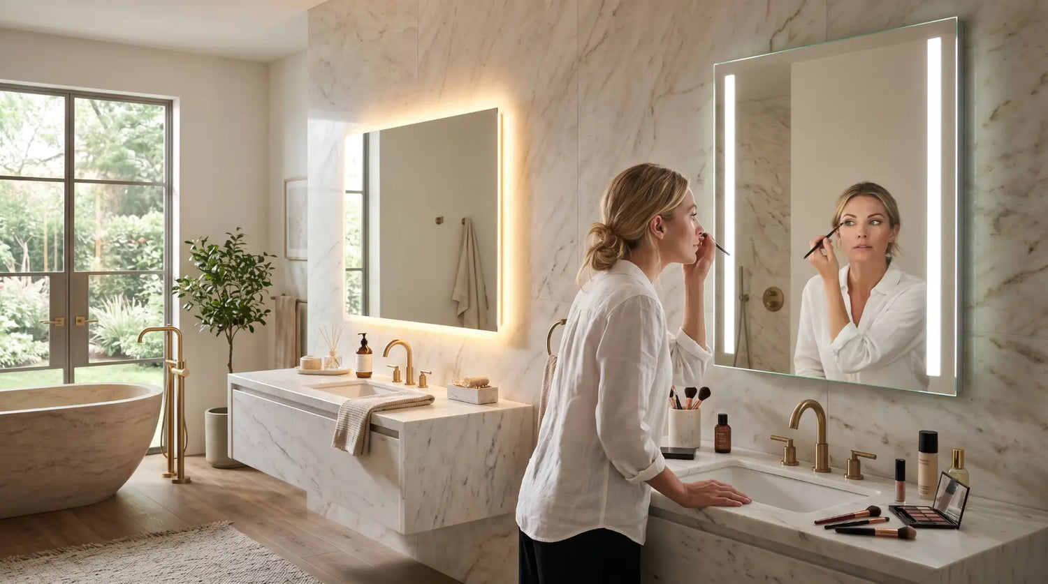 Woman using a front-lit LED bathroom mirror beside a luxurious backlit mirror with a glowing halo effect.