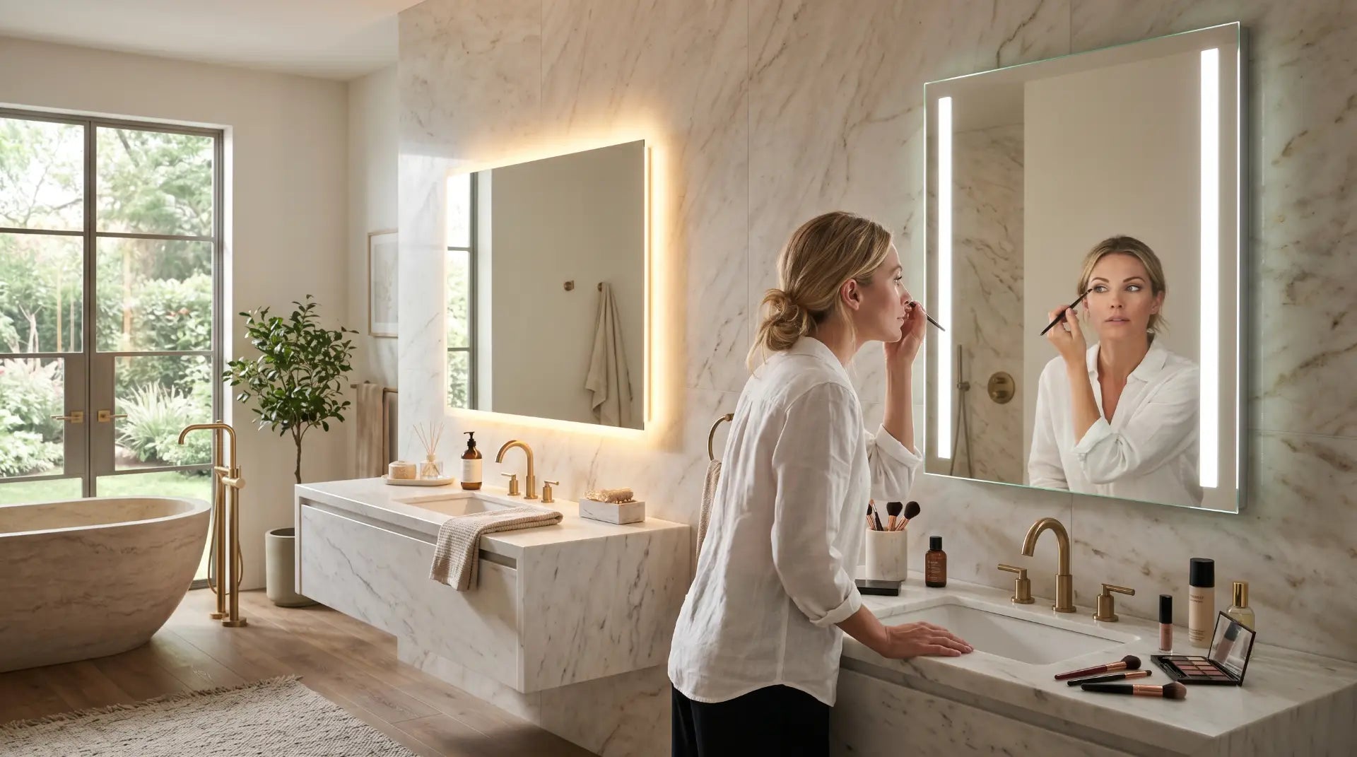 Woman using a front-lit LED bathroom mirror beside a luxurious backlit mirror with a glowing halo effect.