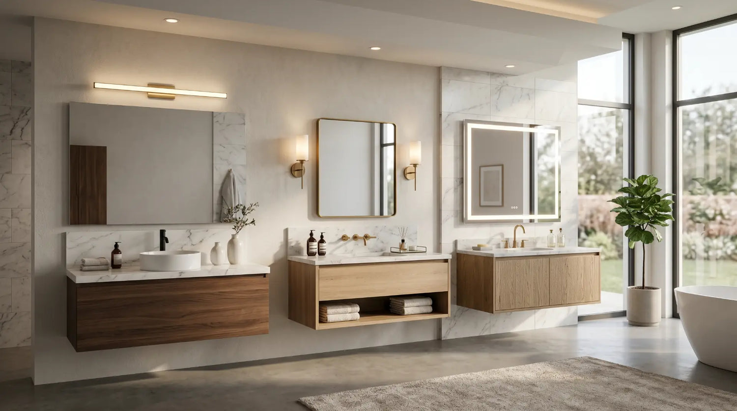 Modern bathroom displaying LED vanity mirror, wall sconces, and vanity bar lighting for stylish bathroom illumination options.