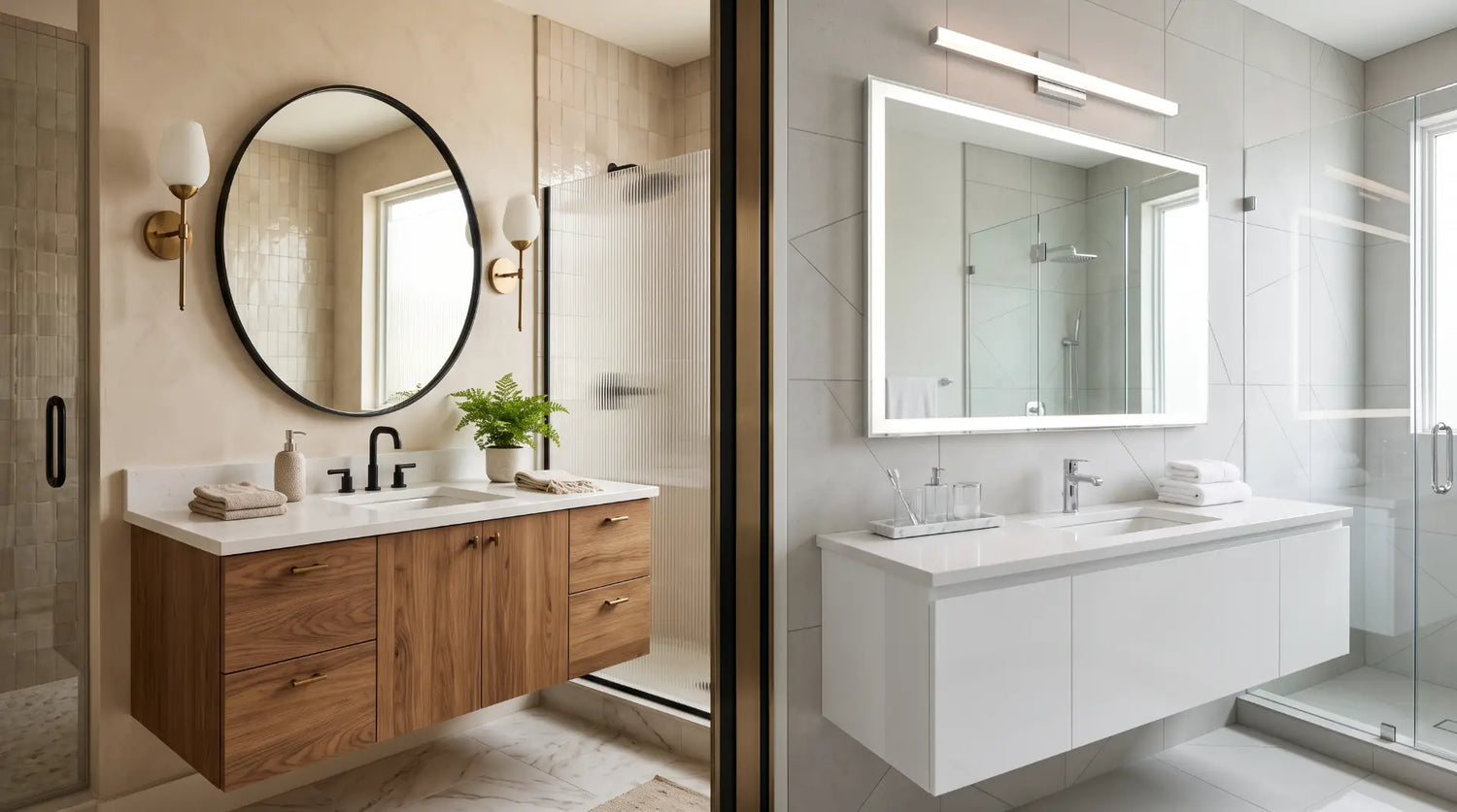 Side-by-side comparison of a round bathroom mirror and a rectangular bathroom mirror above modern vanity cabinets in luxury bathrooms.