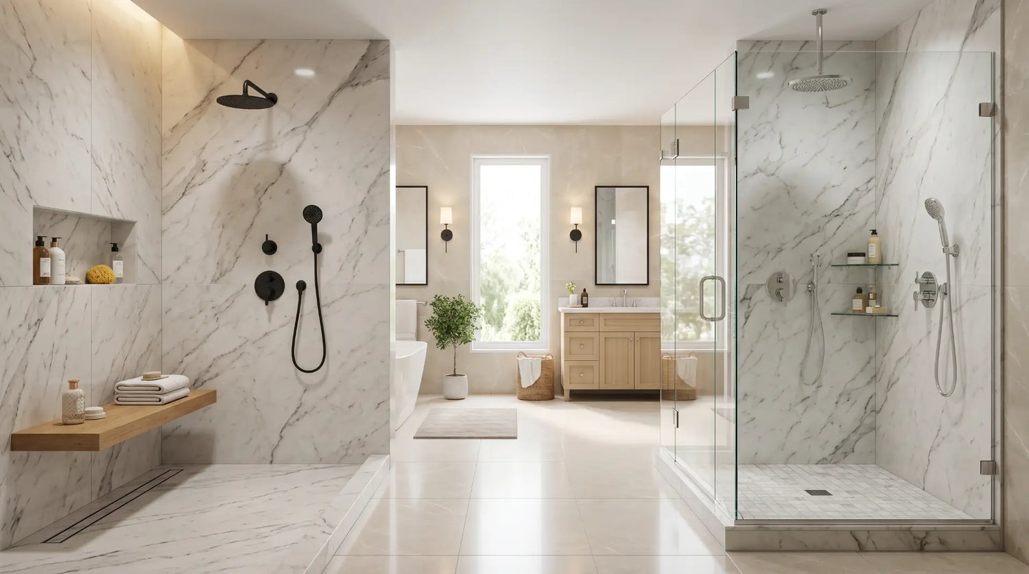 # Feature Image Alt Text  Modern bathroom featuring a walk-in shower beside a frameless glass shower enclosure, highlighting two popular shower designs for contemporary bathroom remodeling.