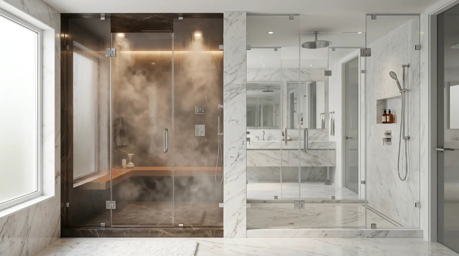 Luxury bathroom featuring a steam shower enclosure with built-in bench beside a modern regular walk-in shower for comparison