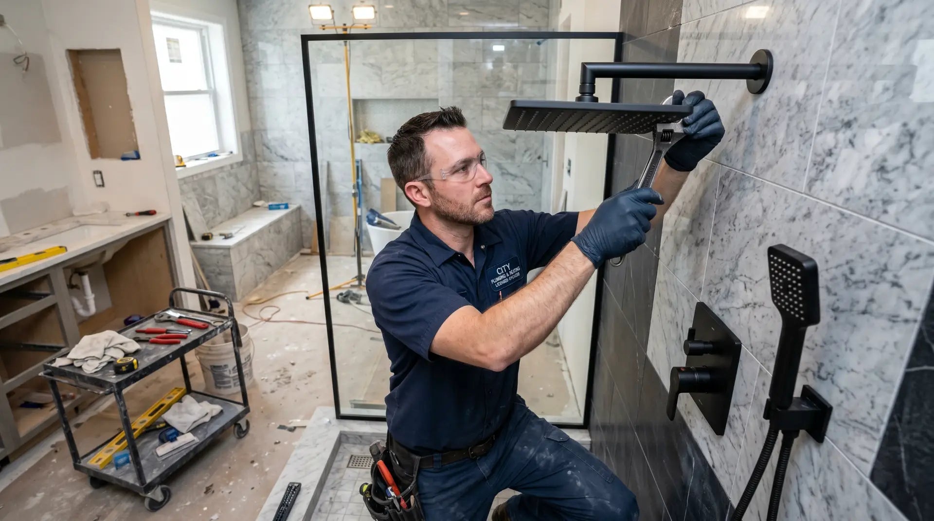 bathroom renovation scene inside a modern American home, licensed plumber installing a beautiful matte black rain shower head and handheld shower system 