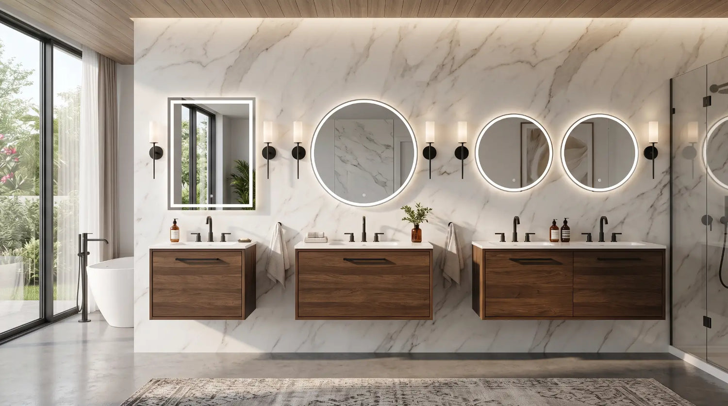 Luxury modern bathroom showing correctly sized mirrors above 30-inch, 48-inch, and 60-inch vanities to demonstrate ideal bathroom mirror sizing proportions.