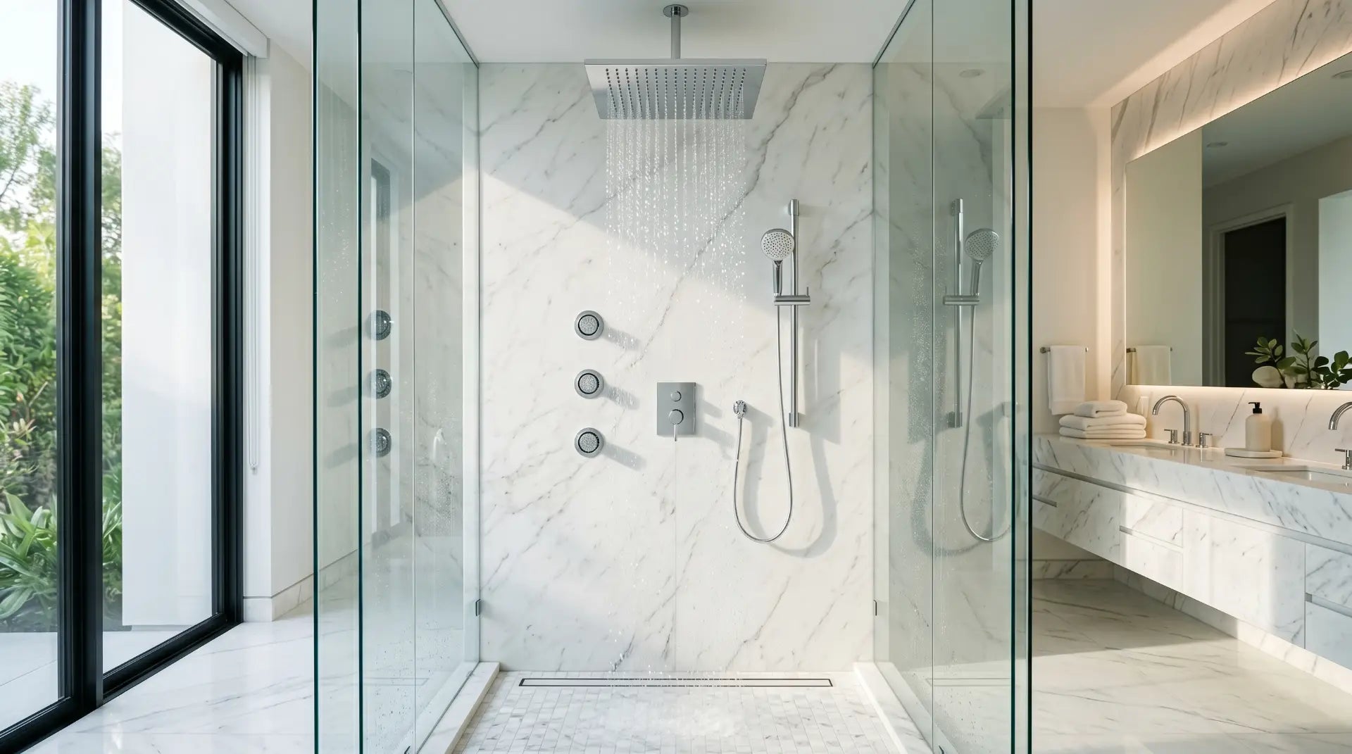 Modern luxury shower system featuring a ceiling-mounted rain shower head, handheld sprayer, and body jets inside a marble walk-in bathroom.