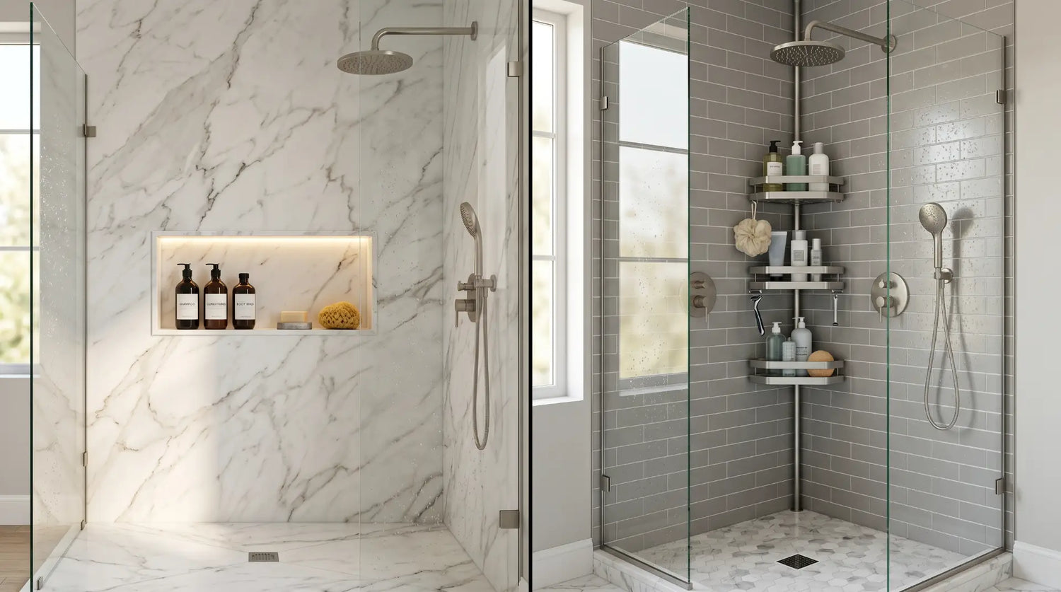 Modern bathroom showing a recessed shower niche and stainless steel corner caddy side by side for shower storage comparison