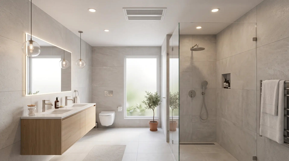 Modern bathroom ceiling featuring a quiet, low-sone ventilation exhaust fan designed for peaceful operation.