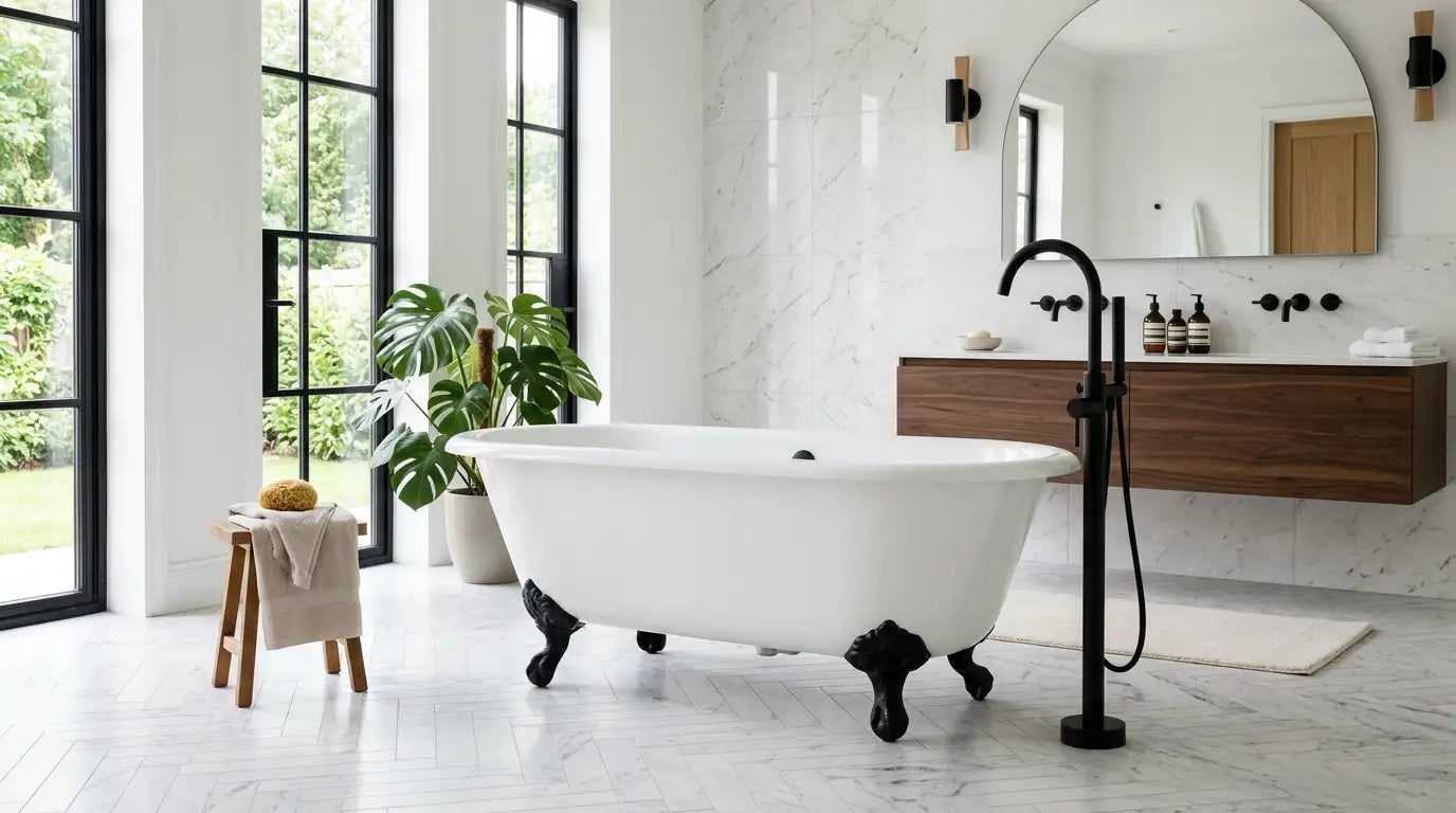 Luxury white clawfoot bathtub with matte black feet in a modern bathroom, showcasing the timeless elegance of a freestanding clawfoot tub in a contemporary interior.