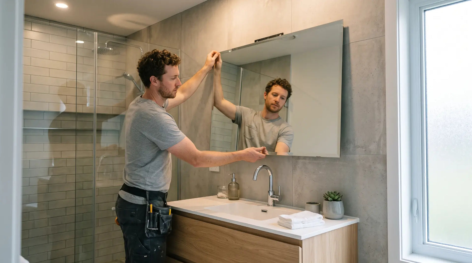 a man installing a rectangular mirror over a moder vanity in a modern bathroom