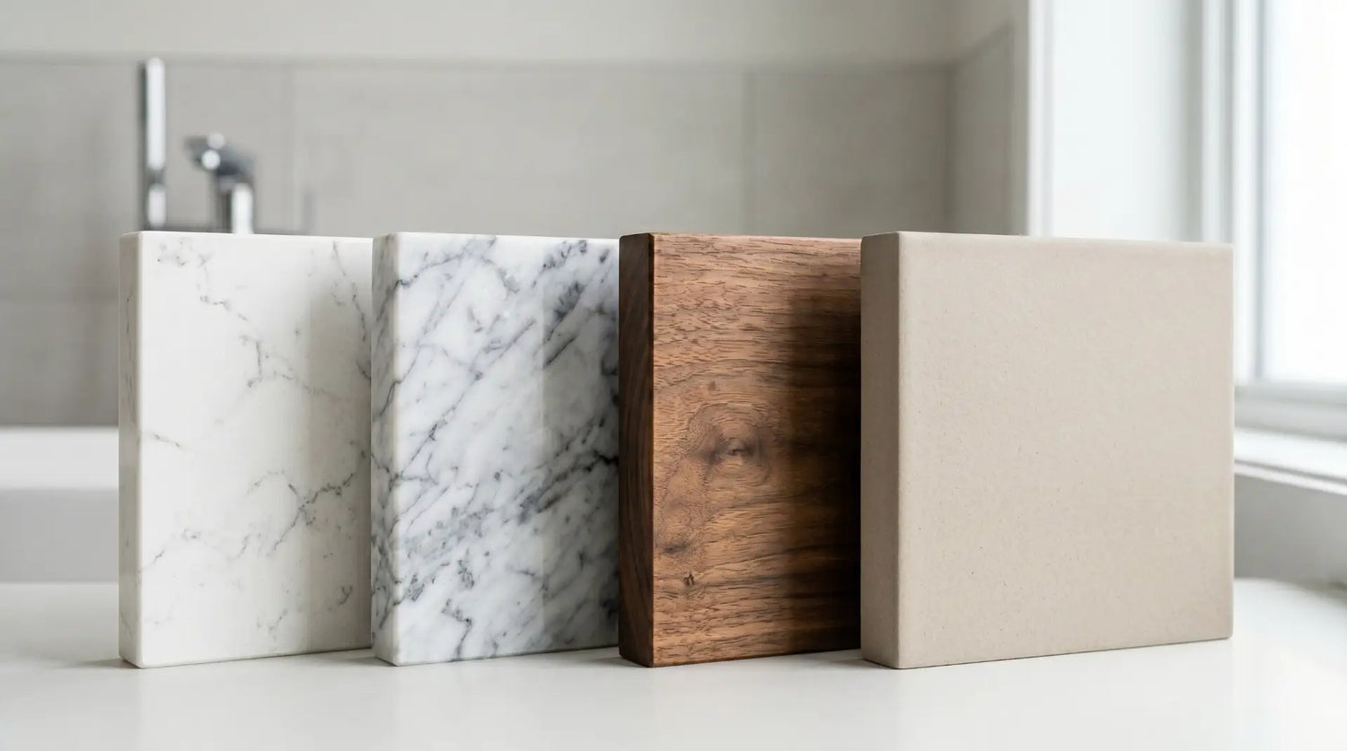 Close-up of different bathroom countertop materials arranged together