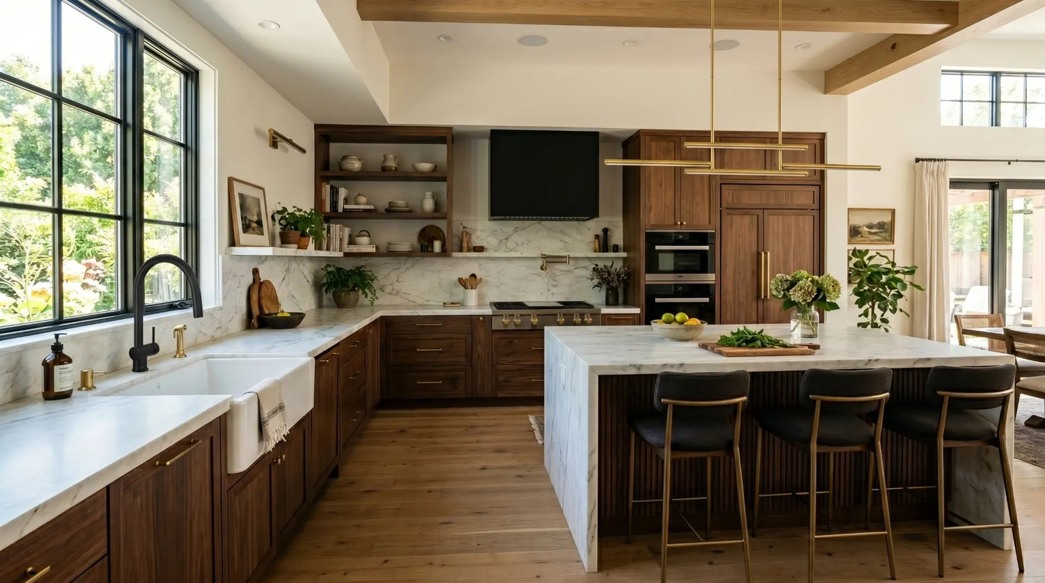 luxury modern kitchen interior with a large farmhouse kitchen sink