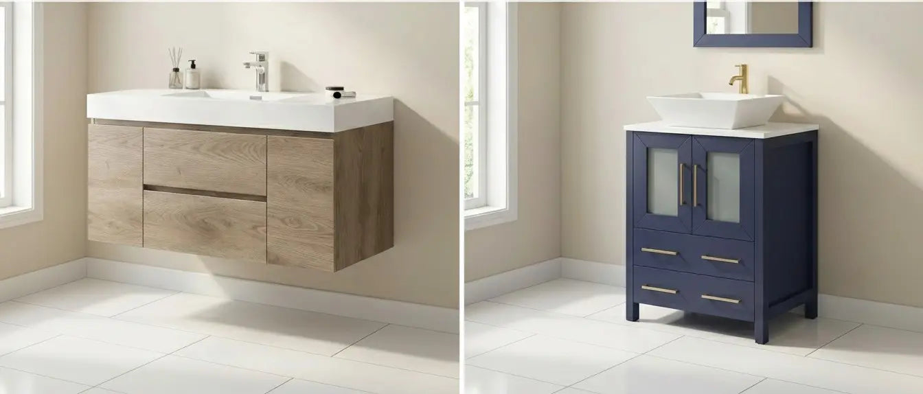 Floating and freestanding bathroom vanity comparison showing modern wall mounted wood vanity and navy blue floor standing vanity in bright bathroom interior