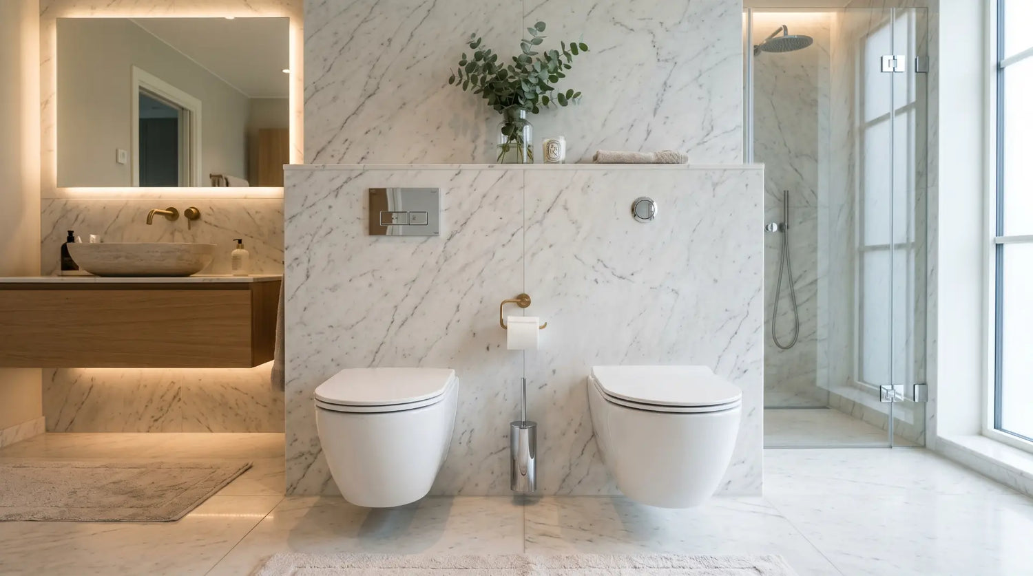 Dual flush and single flush toilets side by side in a modern bathroom showing water efficiency comparison