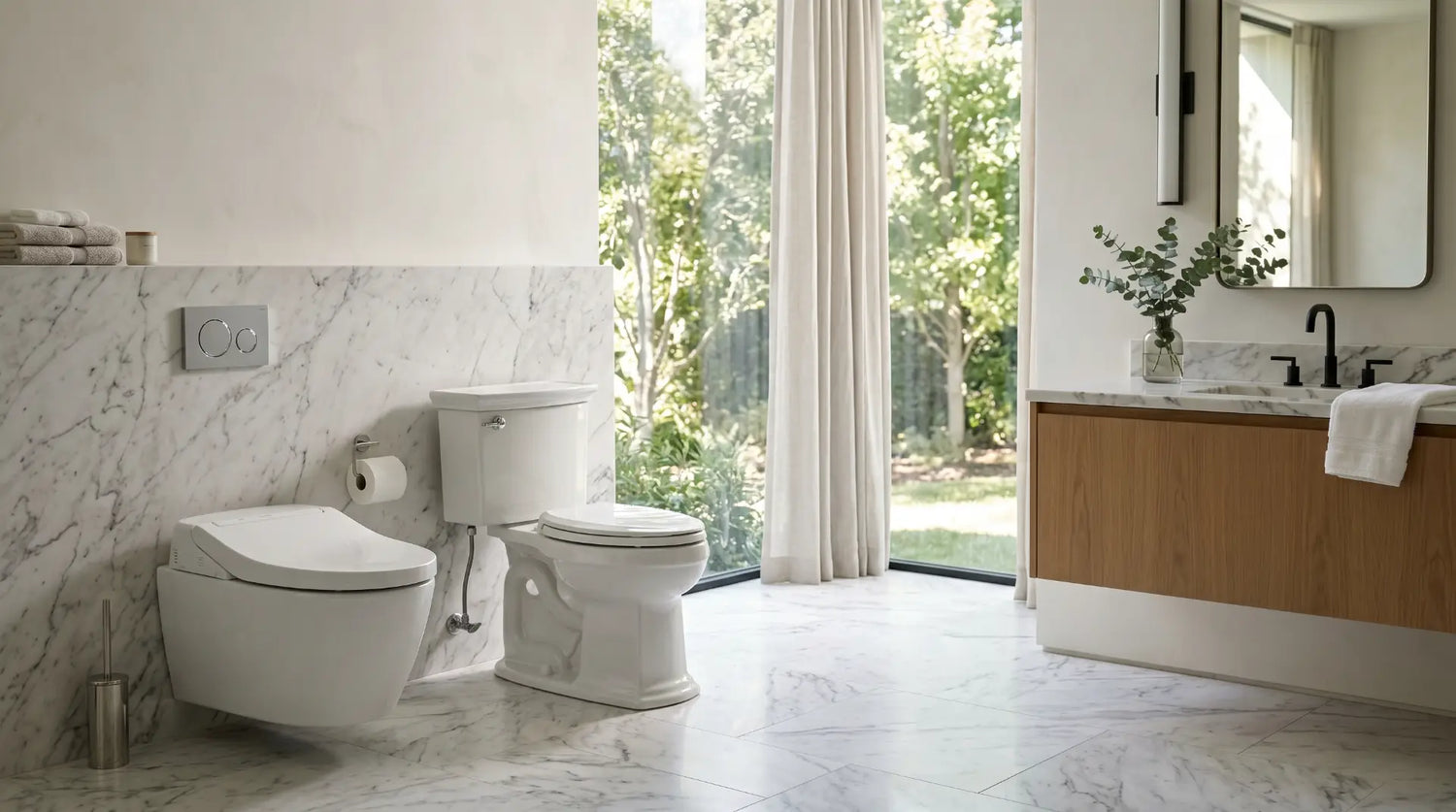 luxury modern bathroom featuring two premium toilets side by side, one sleek seamless one-piece toilet and one classic two-piece toilet