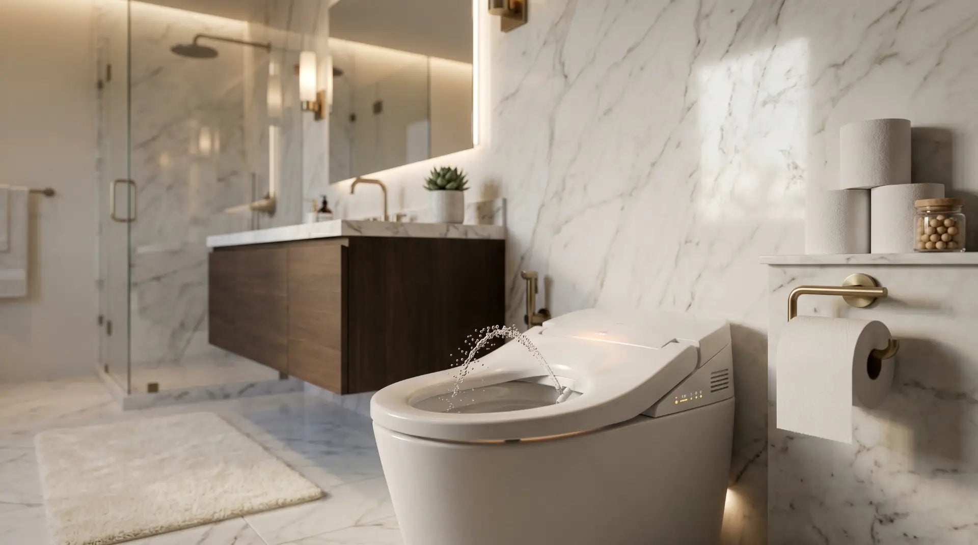 luxury modern bathroom interior with a sleek smart toilet and bidet seat beside premium toilet paper setup