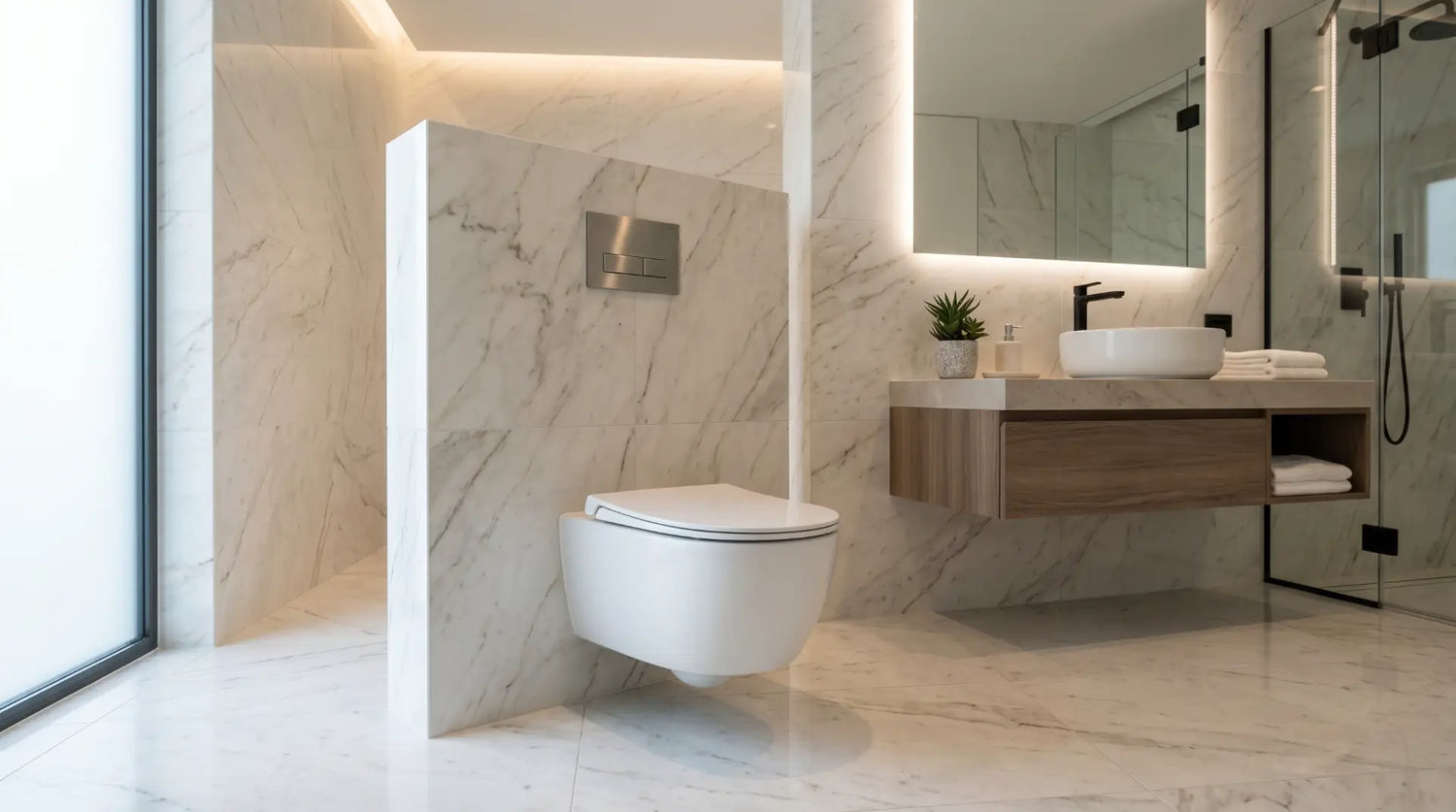 luxury modern bathroom interior with a floating wall-mounted toilet