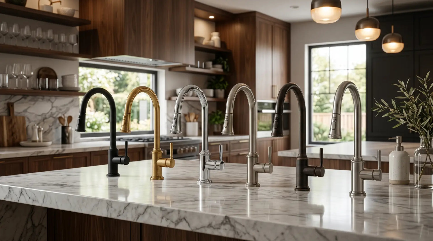 luxury modern kitchen interior featuring multiple premium kitchen faucet finishes side by side including matte black, brushed gold, chrome, brushed nickel, oil rubbed bronze, and stainless steel