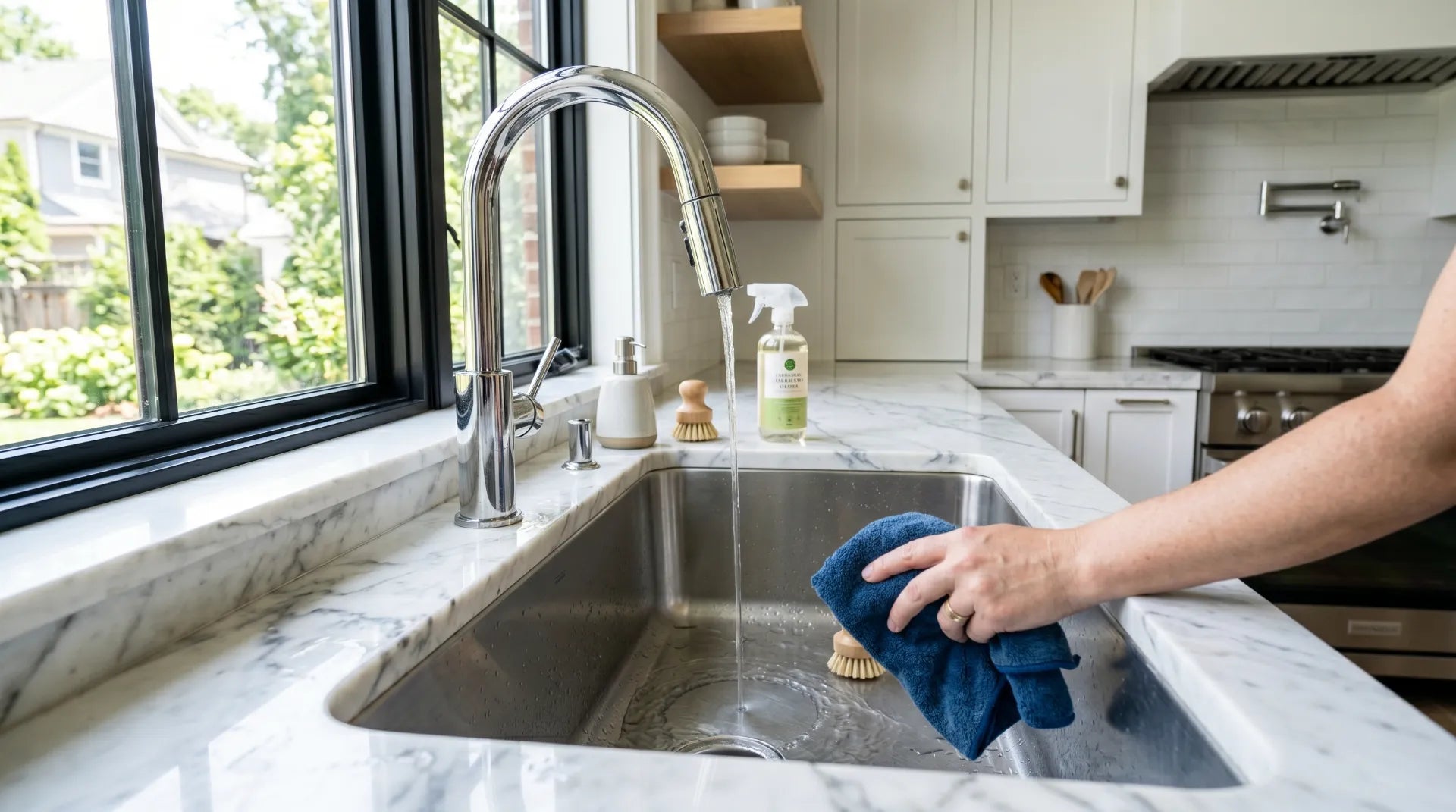 luxury modern kitchen with a sparkling clean stainless steel sink being cleaned with a microfiber cloth