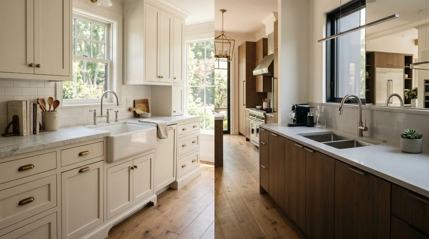 luxury side-by-side kitchen comparison featuring a white fireclay farmhouse sink with shaker cabinets on one side and a sleek stainless steel undermount sink with modern quartz countertops on the other side