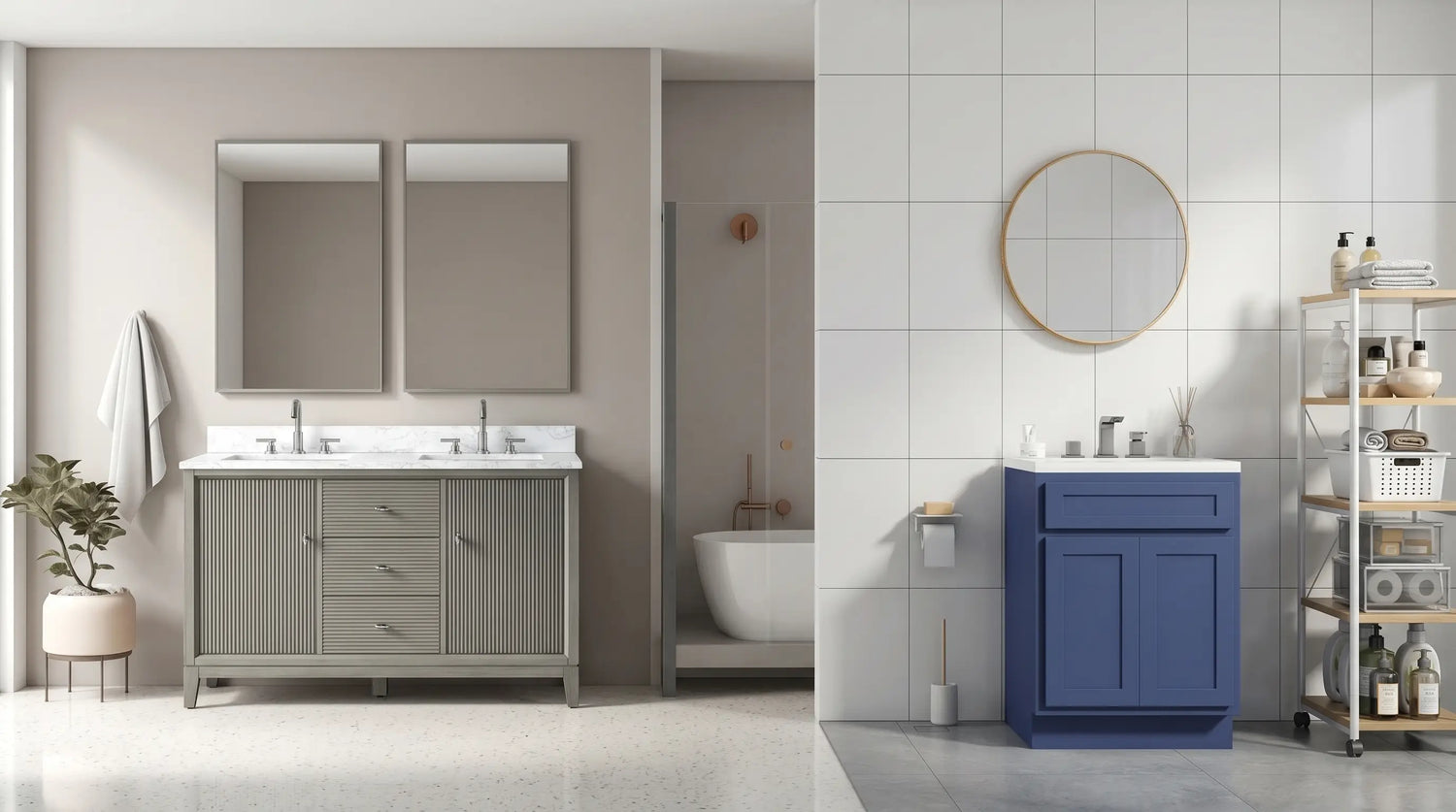 A split bathroom scene showing a single sink vanity on one side with wide counter space and a double sink vanity on the other side with two mirrors and dual sinks