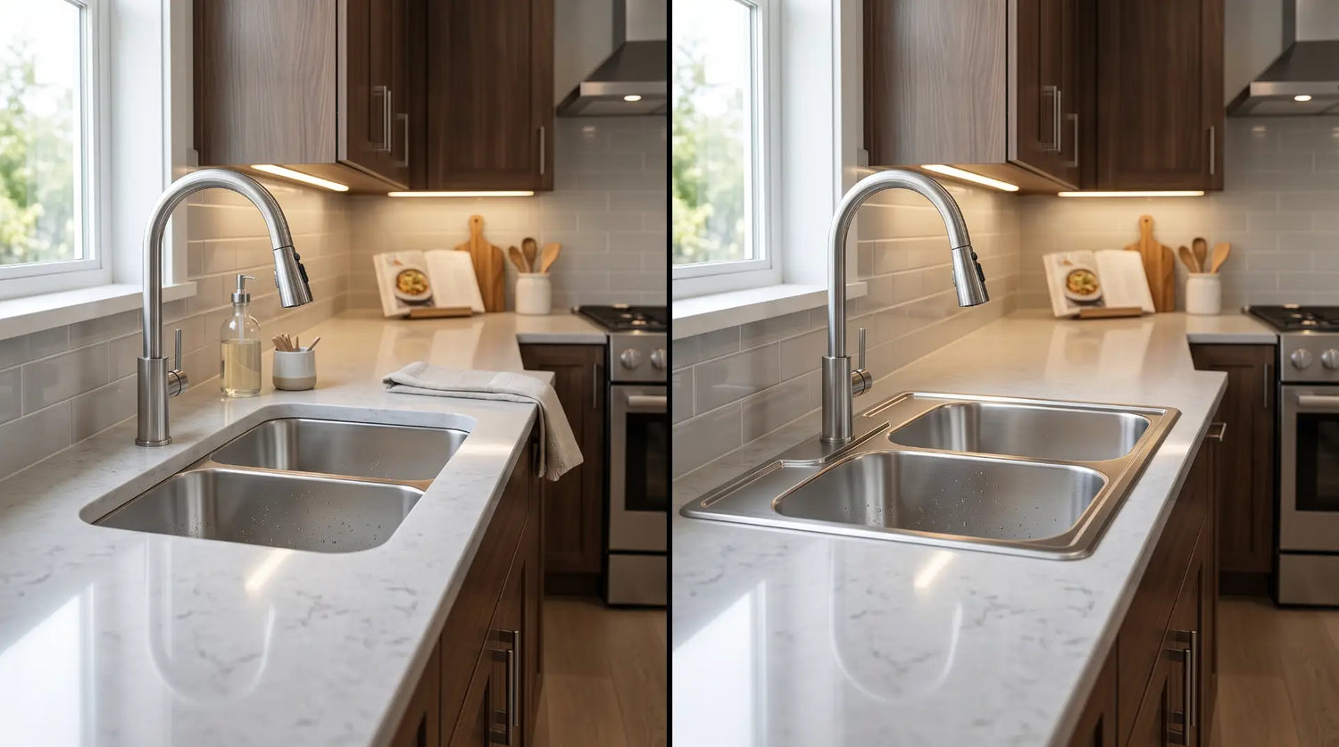 split-scene modern kitchen comparison featuring an undermount stainless steel sink on one side and a top-mount stainless steel sink on the other