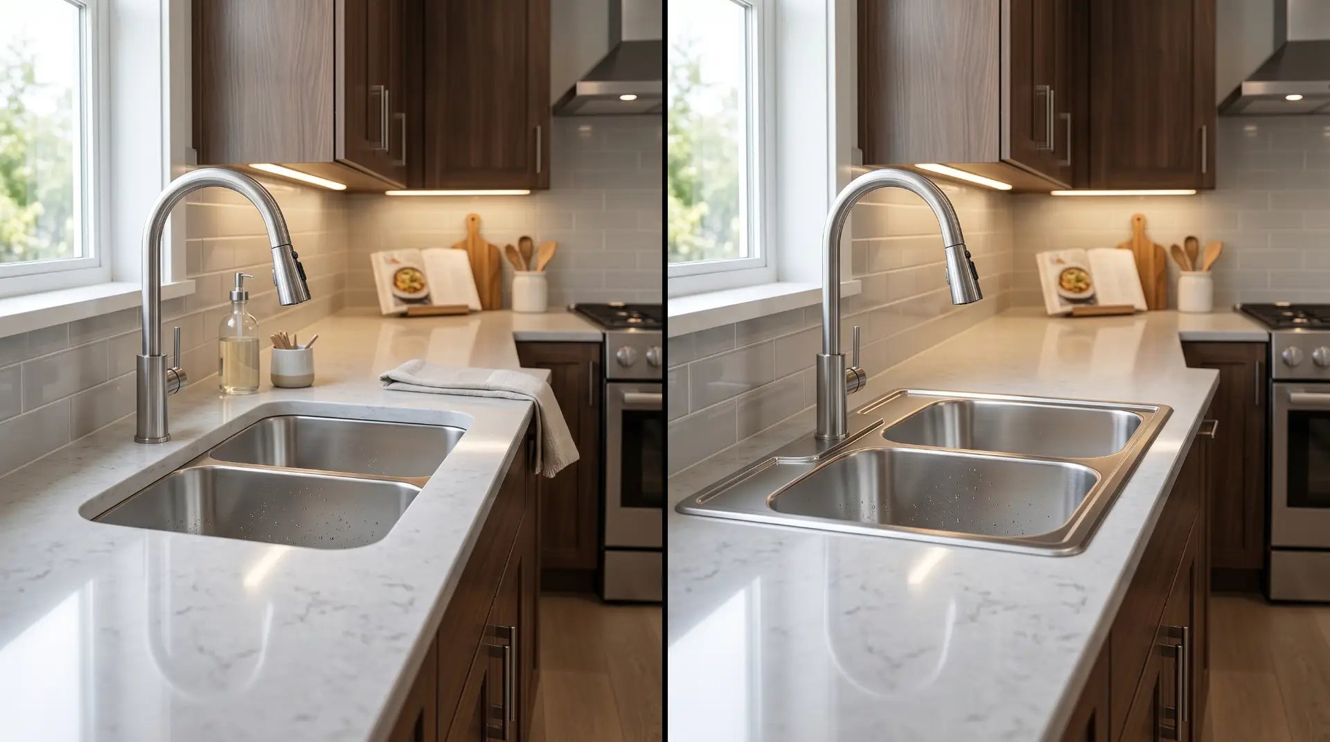split-scene modern kitchen comparison featuring an undermount stainless steel sink on one side and a top-mount stainless steel sink on the other