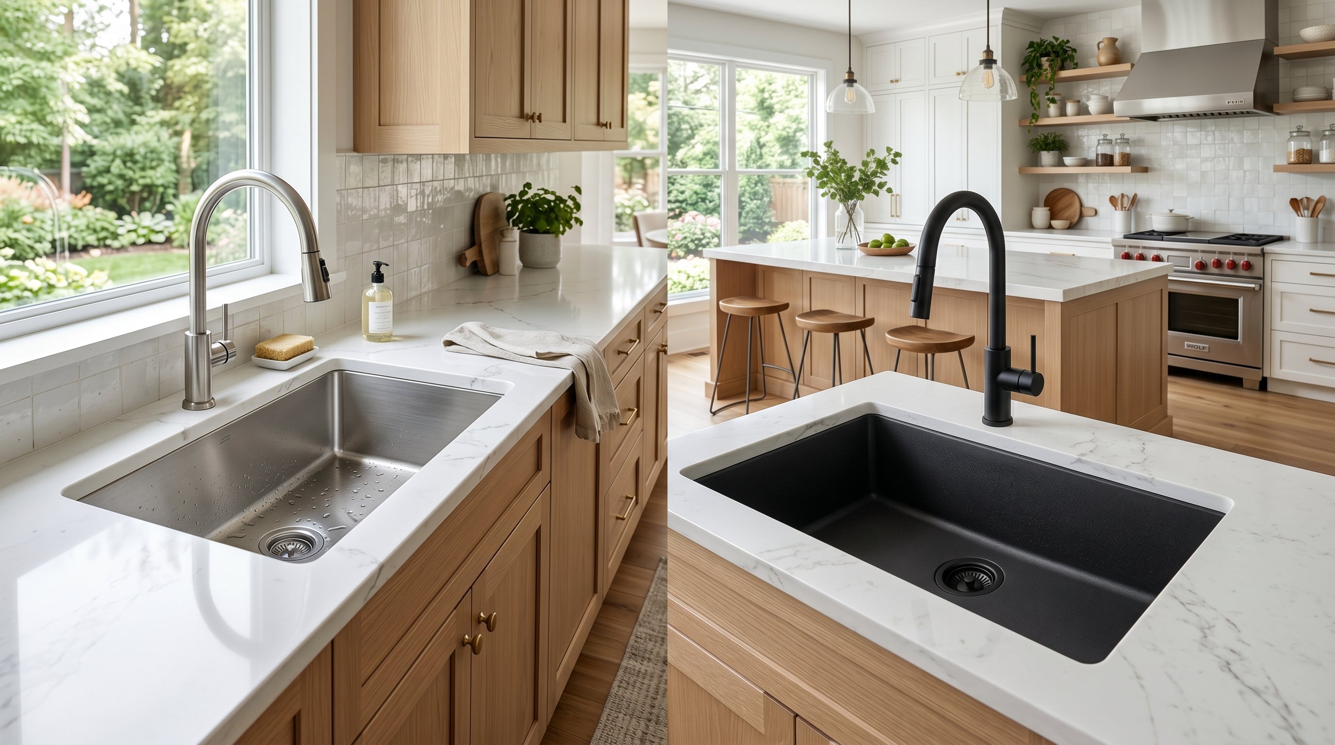 luxury kitchen interior featuring a side-by-side comparison of a brushed stainless steel undermount kitchen sink and a matte black granite composite kitchen sink