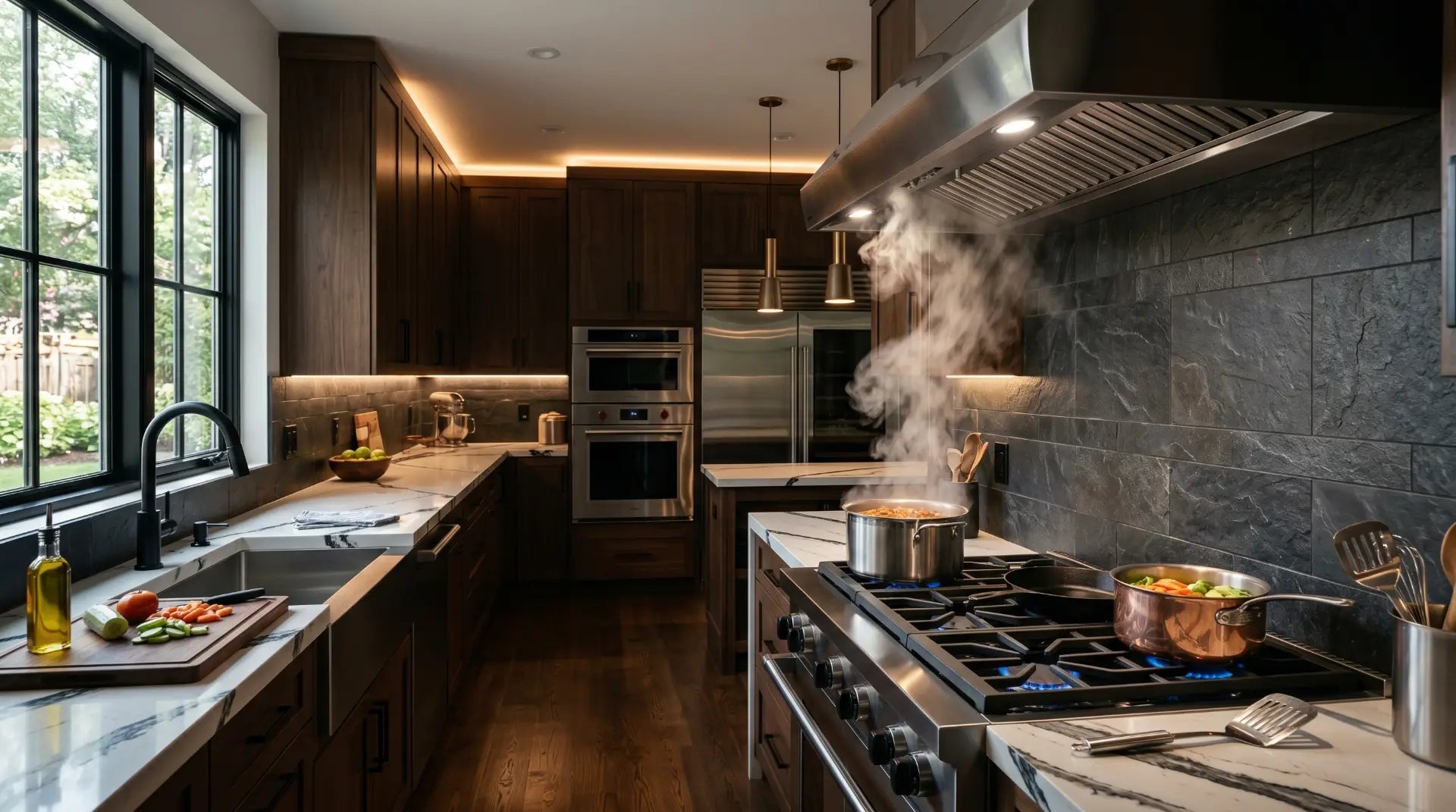 ultra realistic luxury modern kitchen with a large stainless steel wall-mount range hood above a professional gas cooktop, visible soft cooking steam being captured by the hood,