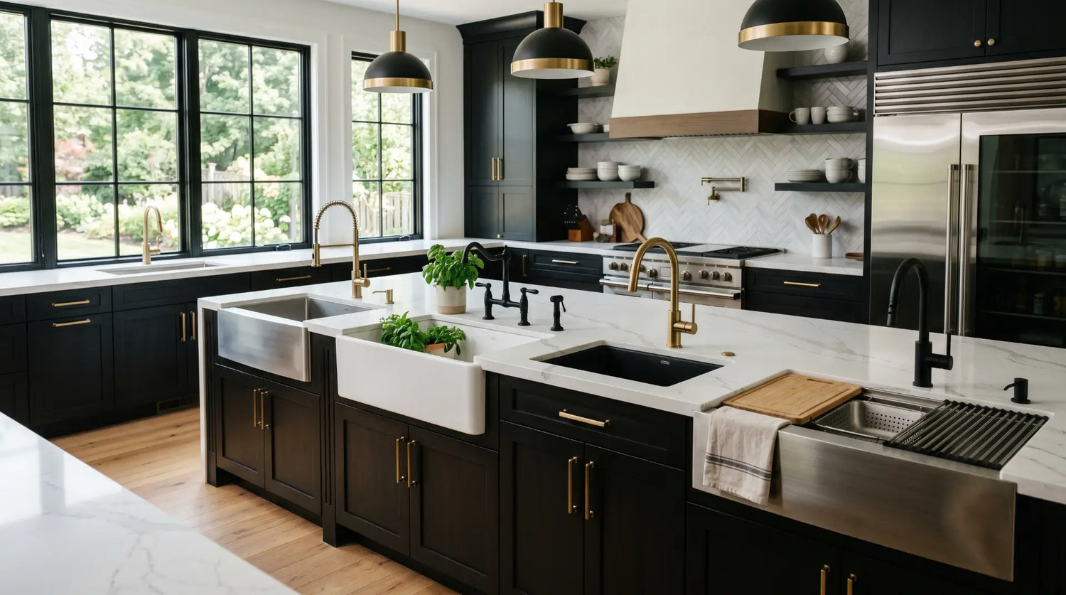 luxury modern kitchen featuring multiple premium kitchen sink styles including stainless steel undermount sink, white fireclay farmhouse sink, matte black granite composite sink, and workstation sink