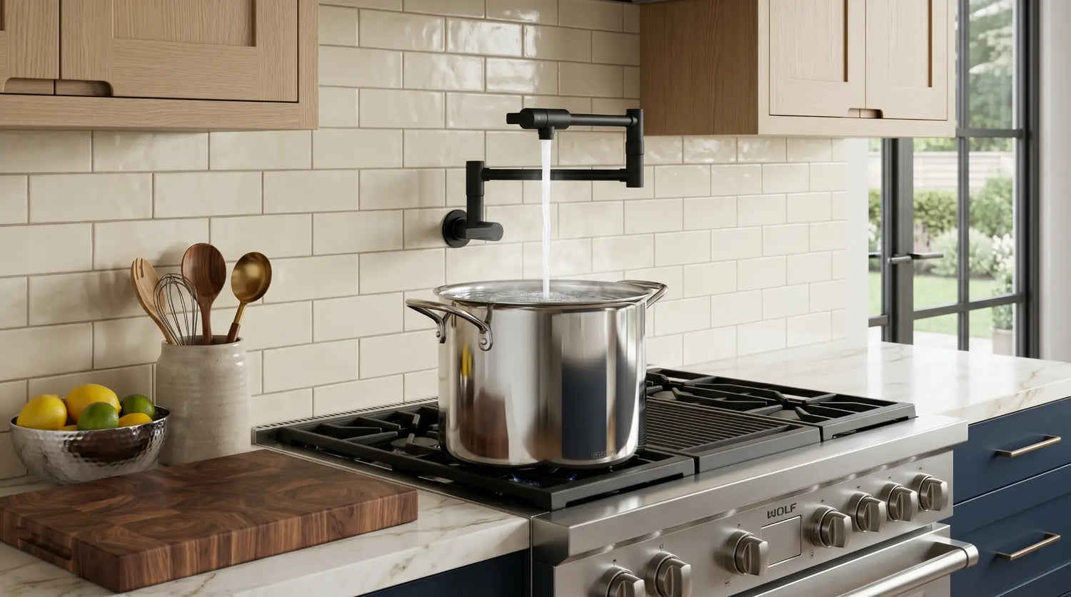 ultra realistic luxury modern kitchen interior with a wall mounted pot filler faucet extended over a large stainless steel cooking pot on a premium gas range