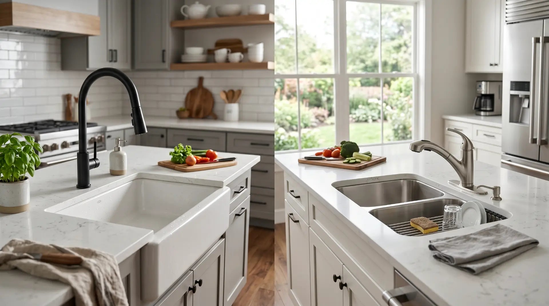 side-by-side modern kitchen scene comparing a tall pull-down kitchen faucet and a compact pull-out kitchen faucet 