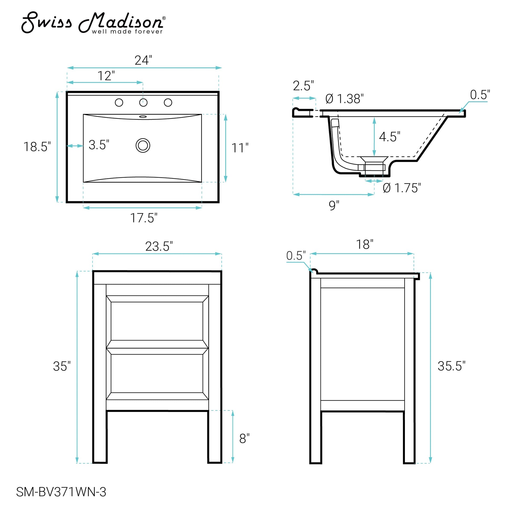 Brown Walnut / White / 3-Hole